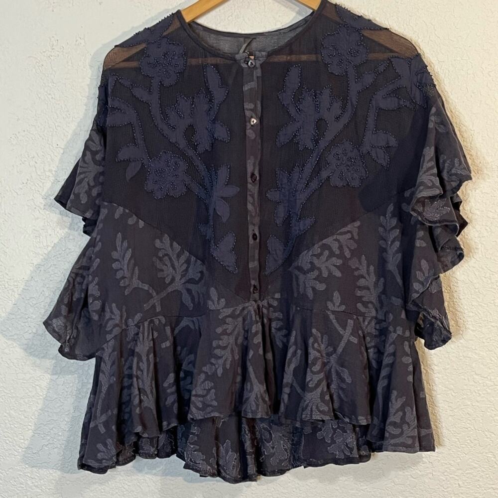 Anthropologie blue mesh and beaded floral boho blouse Career Gypsy Bohemian
